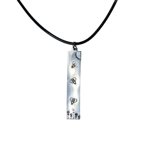 Handmade stamped bee silver‎ rectangular pendant Black leather cord necklace